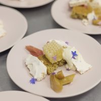 Fresh honeycomb Chamomile mousse, meringue tuile with lavender Clover sponge cake, rhubarb in jelly and confit